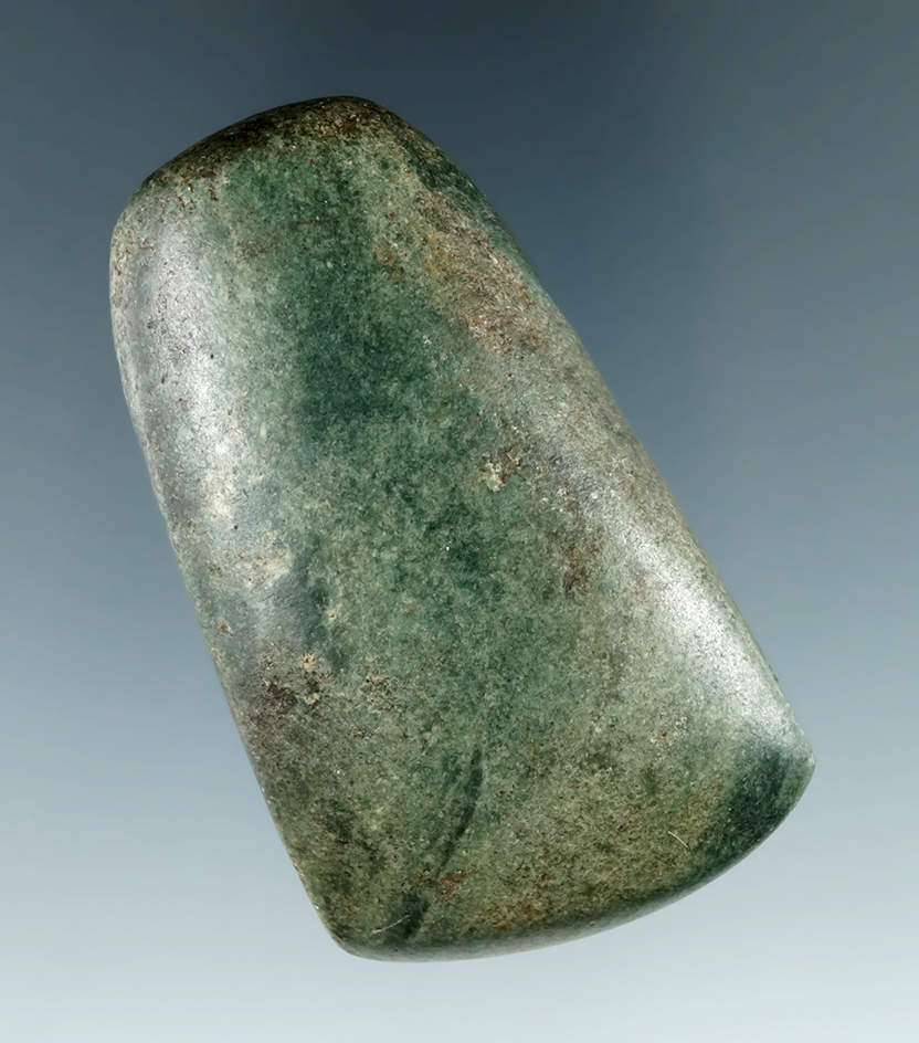 2 1/2" Jade Celt with a blunted bit end found in the Pacific Northwest.