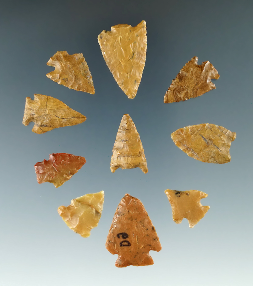 Group of 10 Colorado arrowheads made from attractive material, largest is 1 1/8".