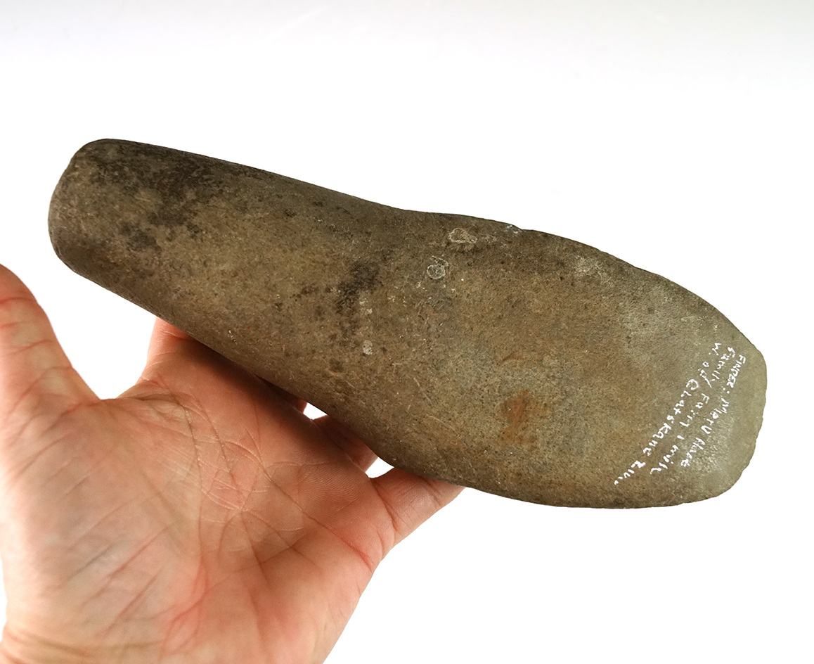 Nice! 7 1/4" Monolithic Adze from the Clatskanie River in Oregon. Comes with a Motley COA.