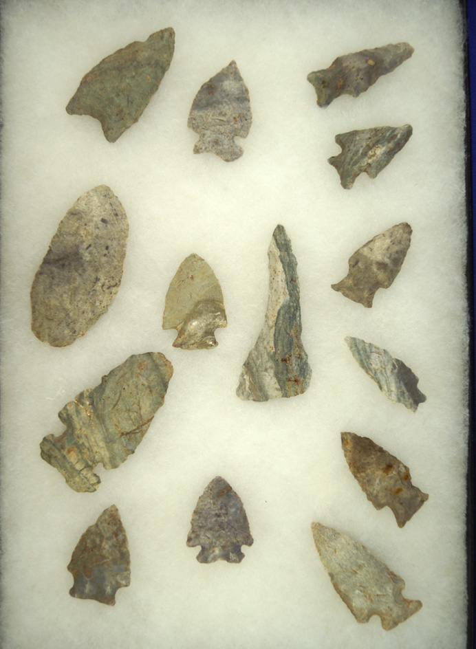 Group of 14 assorted arrowheads made from Indiana Green Flint found in Indiana.