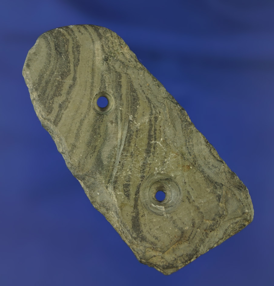 2 3/4" green  slate Gorget that was anciently salvaged by a later culture from a Bannerstone. Ohio.