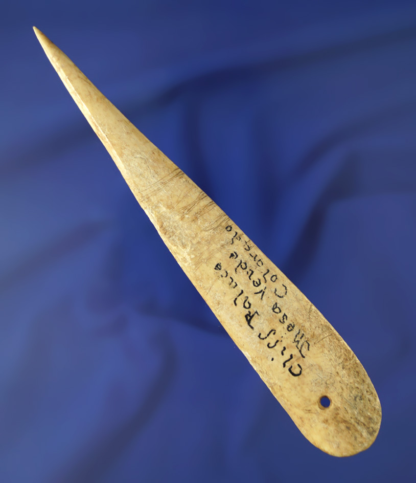 Nice! 6 1/4" bone Awl that is heavily patinated with a drilled suspension hole -Mesa Bulverde, CO.