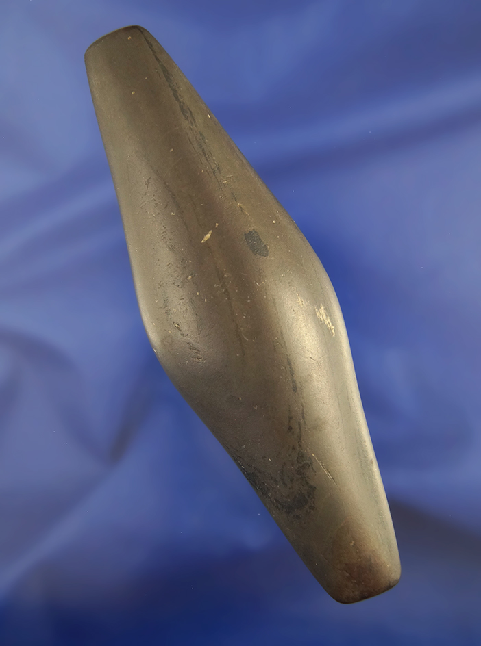 5 1/4" Expanded Center Gorget made from Banded Slate. Found in Preble Co., Ohio.