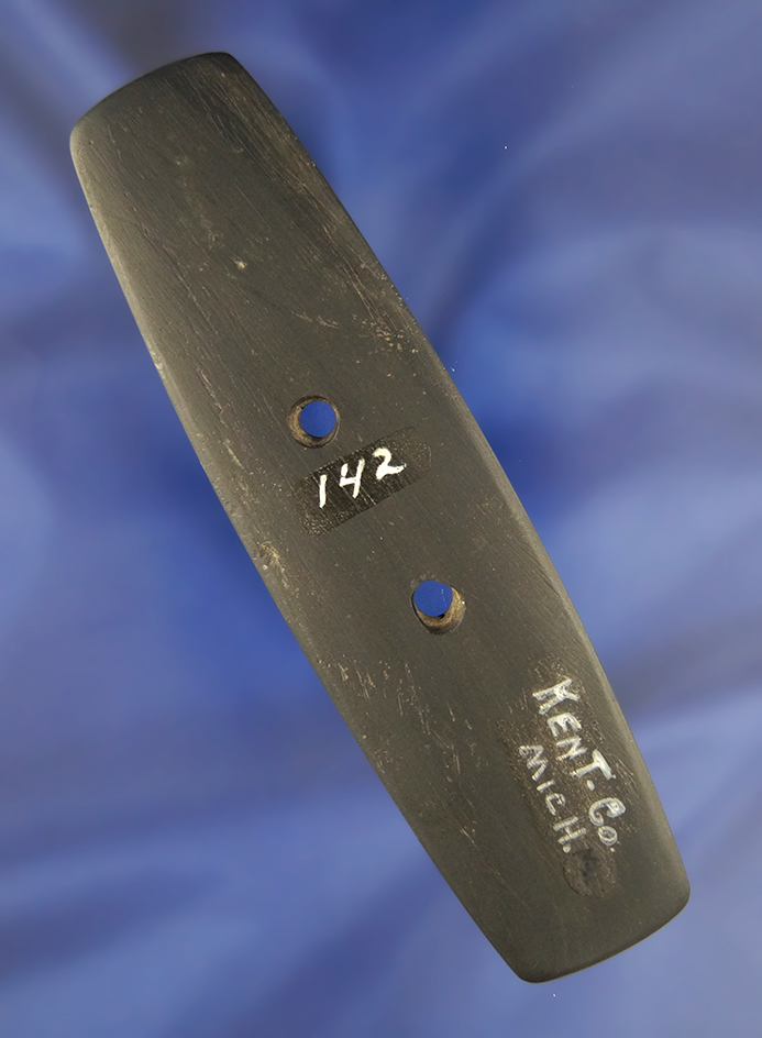 4 5/8" Gorget made from Black Slate. Found in Kent Co., Michigan. Ex. Hooks.