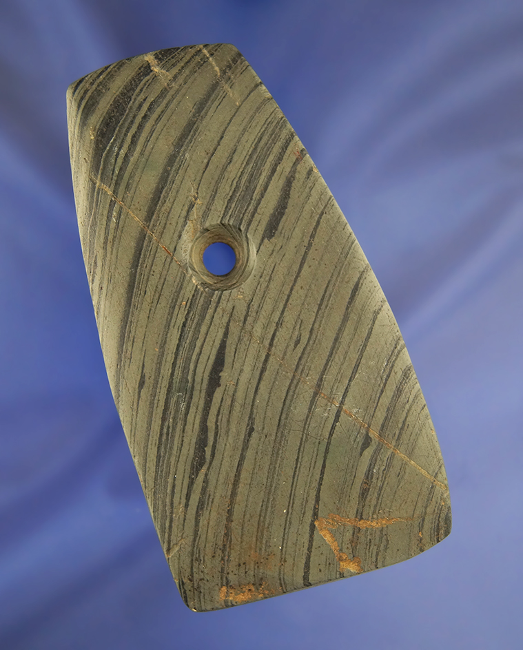 4 3/8" banded slate Trapezoidal Pendant found in Hillsdale Co., Michigan.