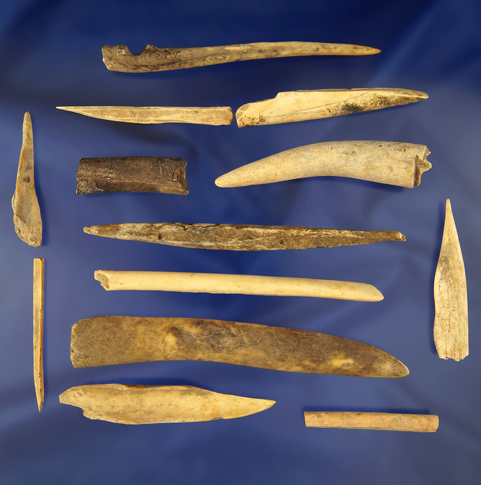Set of 13 Assorted Bone Tools found in Tennessee, largest is 4 5/8".
