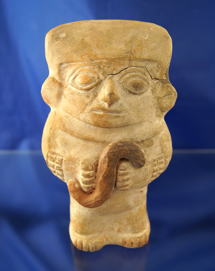 6" Moche pottery figure found in Peru. Some sealed pressure cracks in clay.