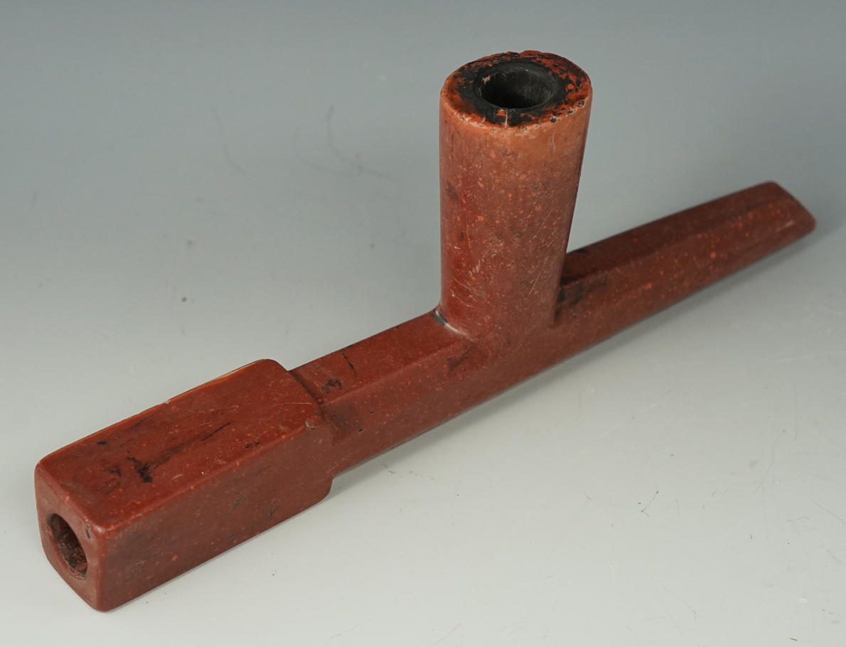 8 1/8" Long x 3 1/4" Tall Catlinite T-bowl Pipe from the Plains region.