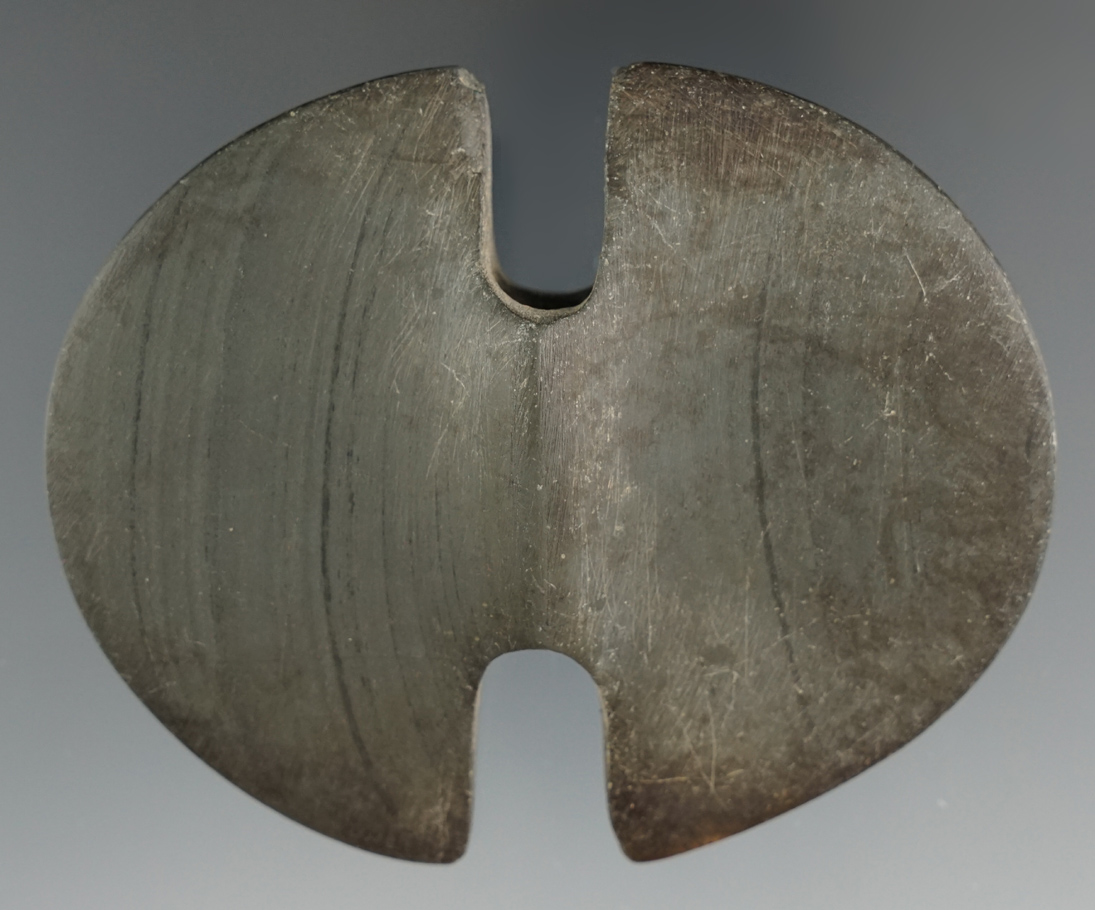 Very unique 3 3/8" Wide double notched winged Bannerstone that was anciently salvaged.