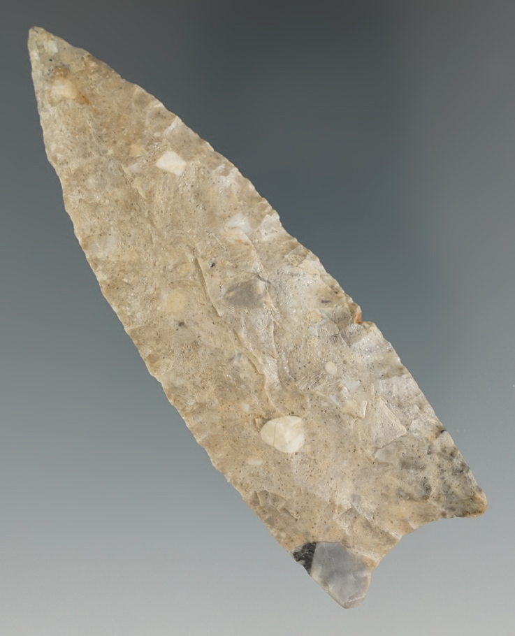 3 3/4" Paleo fluted Clovis with restoration to tip. Stoddard County Missouri. Partain COA.