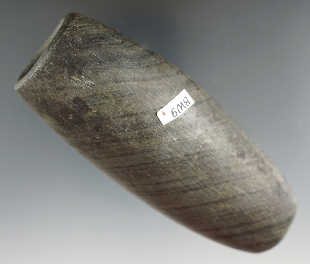 4" Adena Slate Tube Pipe that is partially drilled at the bowl. Found in Wayne Co., Ohio.