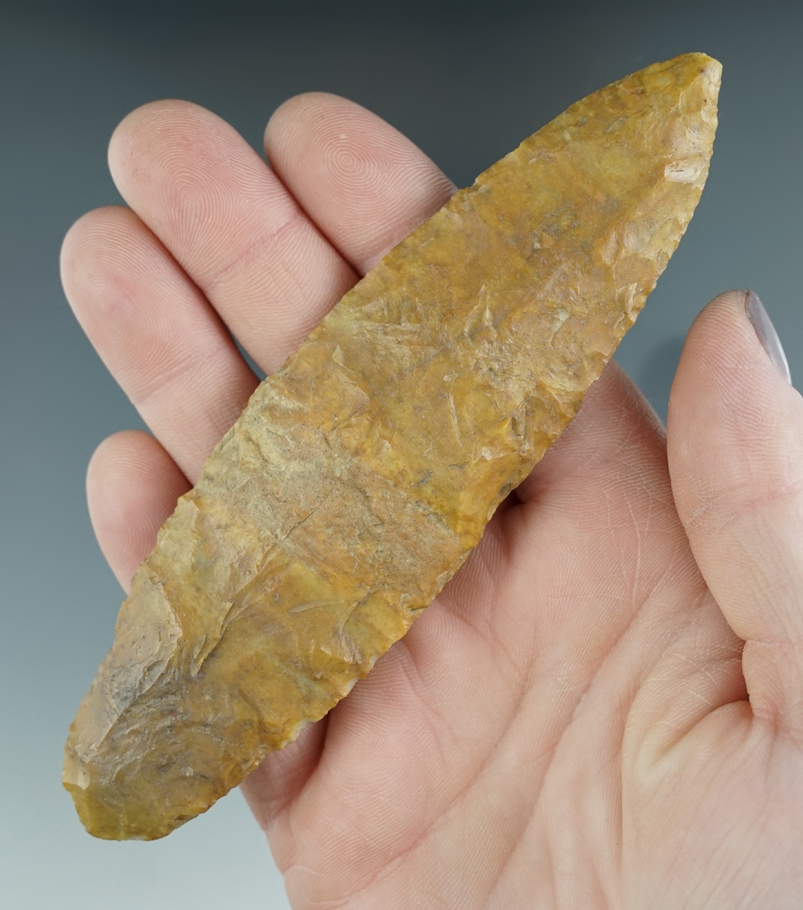 5 3/16" Early Adena made from Flint Ridge Flint found in Muskegon, Michigan. Ex. Long.