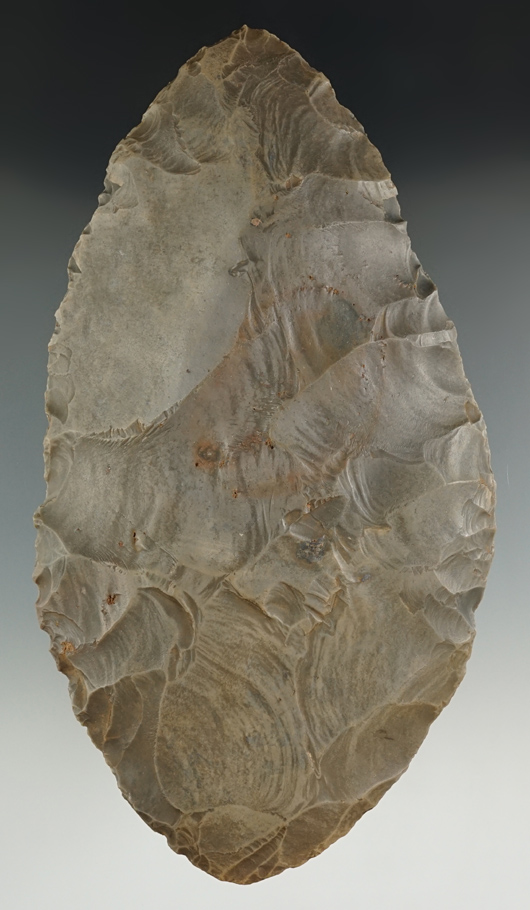 Very heavy patina on this 8 1/2" Hornstone Blade found in Indiana.