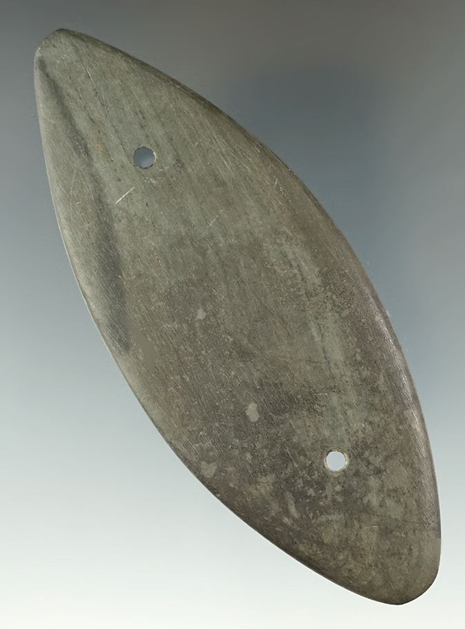 4 7/16" Bi-pointed Gorget that is thin and nicely made from Banded Slate.  Ex. William Waigle.