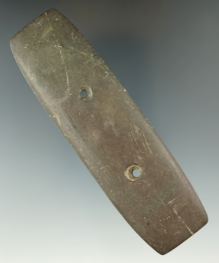 4 11/16" slate Bar Gorget found near Litchfield, Lenawee County Michigan.  Ex. N.R. Smith.