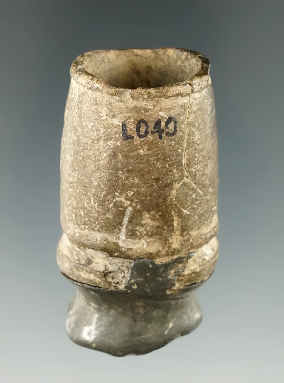 Very unique 2 1/16" Pewter inlaid Stone Mic Mac Pipe found in New York.