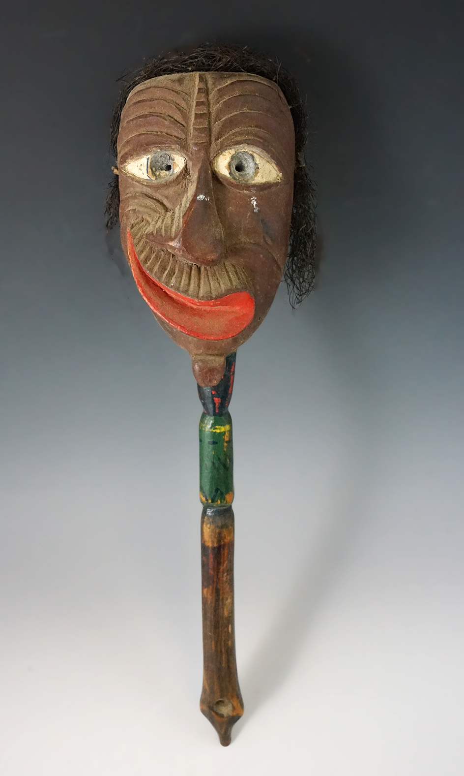 13 1/2" Nicely decorated Iroquois False Face style Rattle from New York.