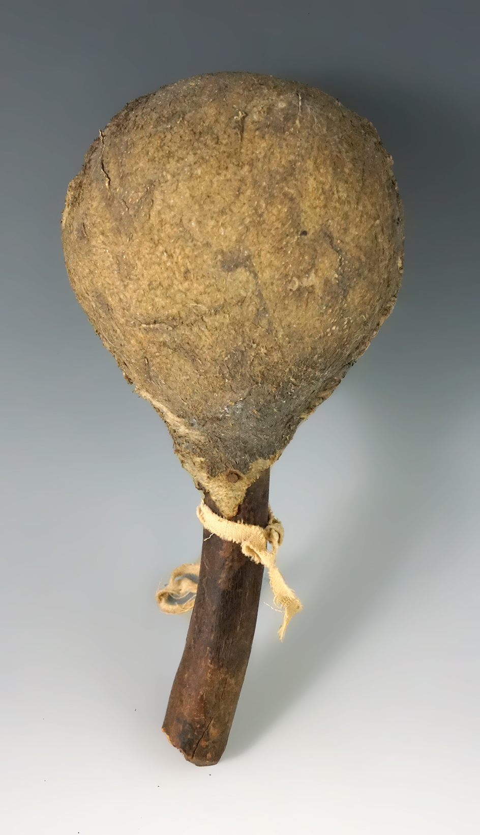 Unique 8" tall Wood handled, sinew stitched leather Rattle from the 19th century.