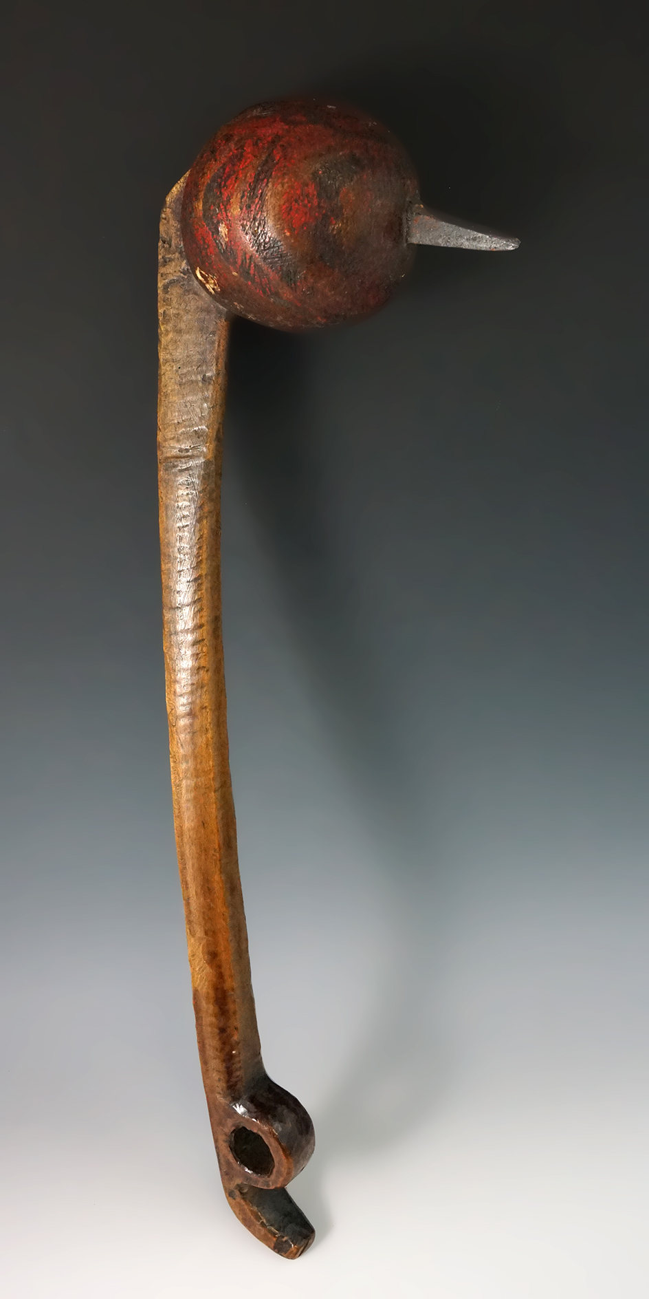 Exceptional! 19 1/2" Eastern woodland wood Ball Club with a metal trade point spike.