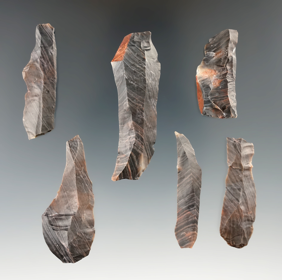 Set of six Nethers Flint Bladelets  found in Ohio. Largest is 2 1/4".