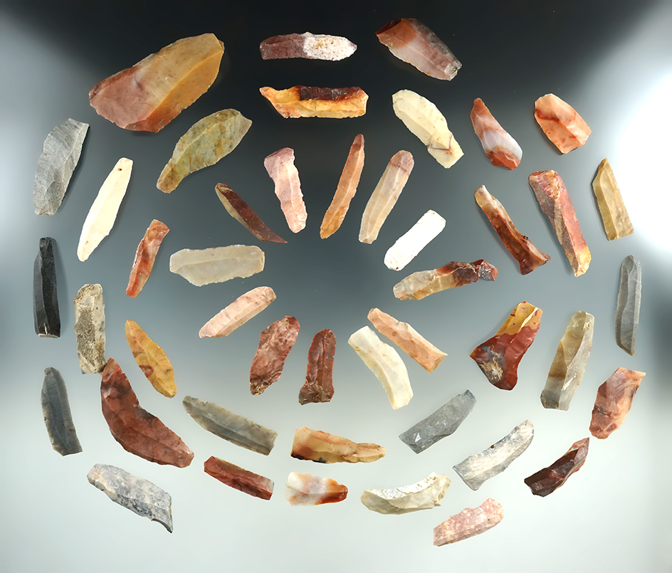 Large group of Hopewell Flint Ridge Flint Bladelets found in Licking Co., Ohio. Largest is 2 1/2".