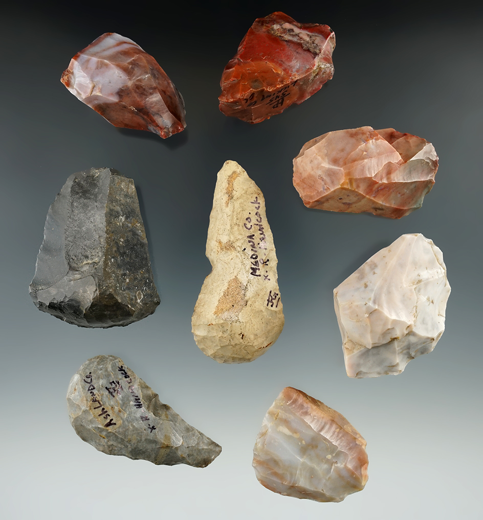 Group of eight Ohio Flint Cores and Scrapers found in Ohio. Largest is 2 1/2".