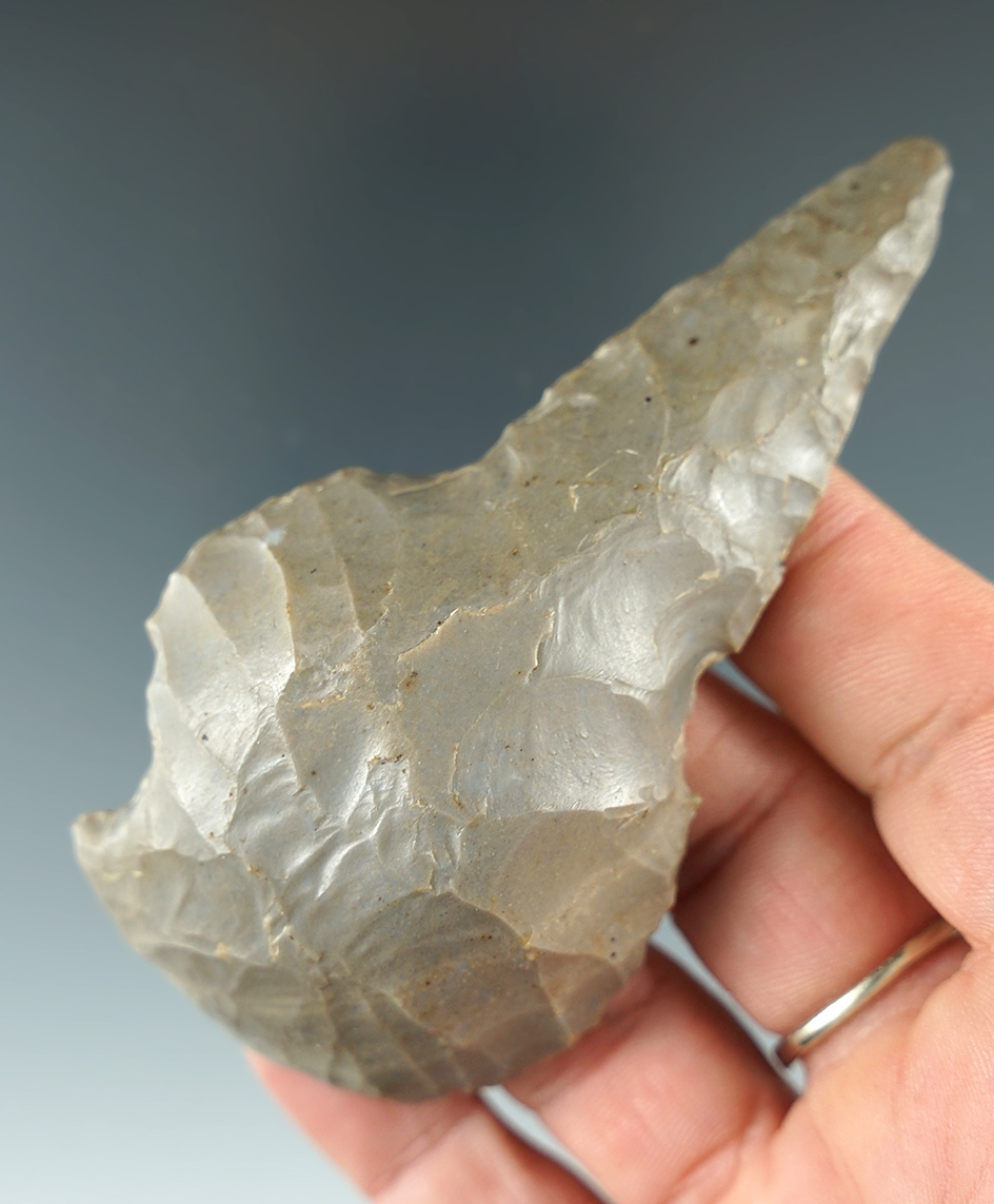 Unique 3 1/2" Multi-purpose Flint Tool. The pointed end has 3/4" restoration. Knox Co., Ohio.