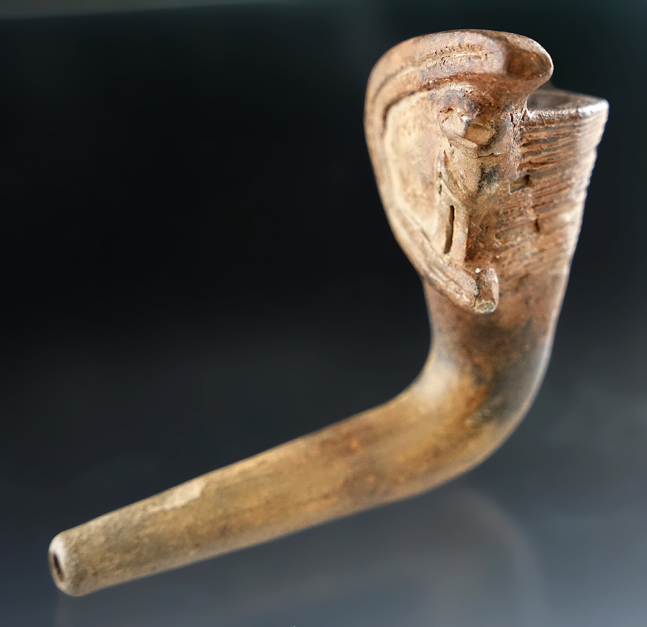 Rare style! 4" wide "man in arbor" Escutcheon style Iroquois Clay Pipe found in New York.