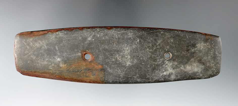 5 5/8" Bar Gorget with heavy red ocher stain still on parts of the surface. Southern Michigan.