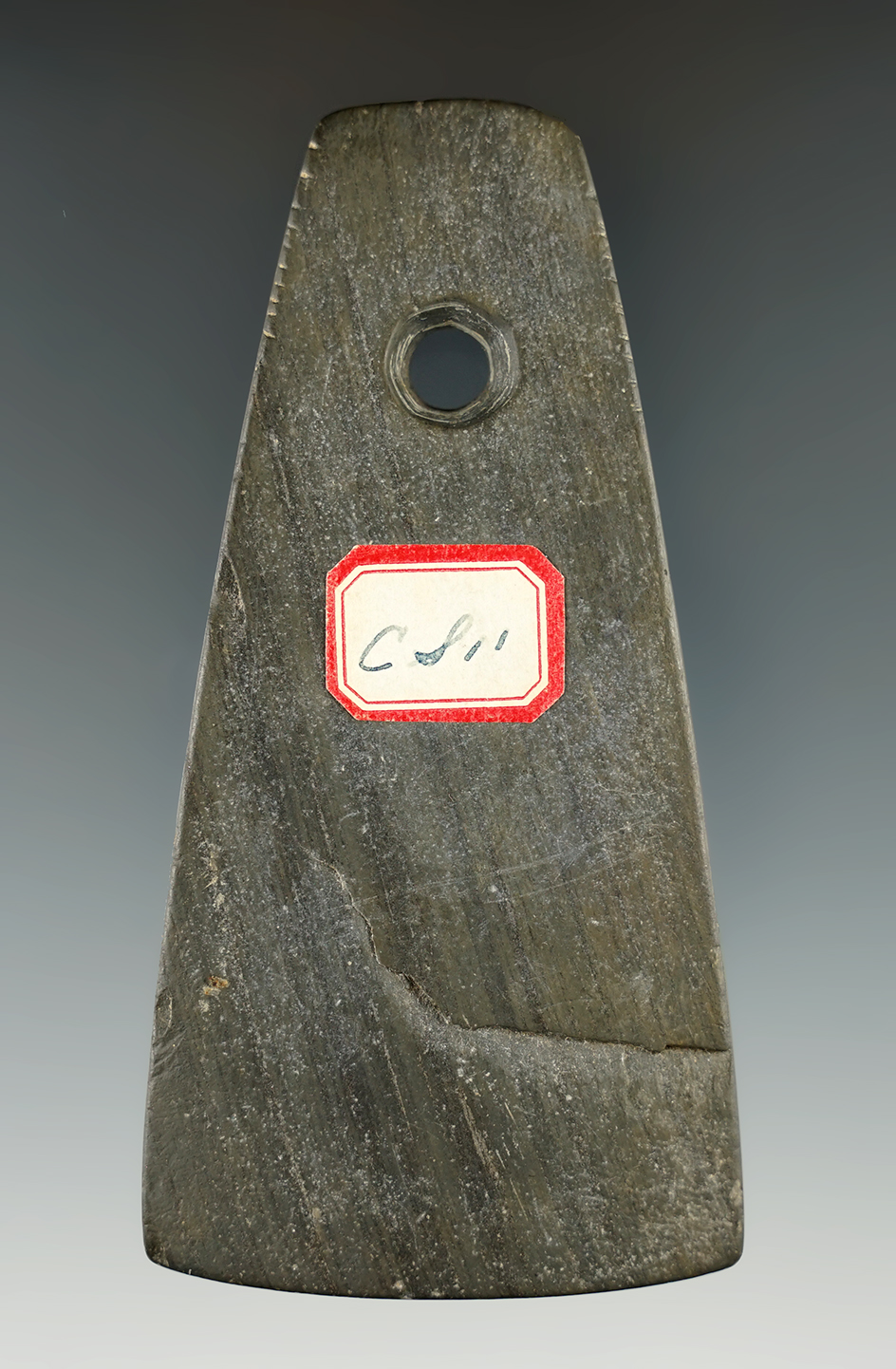 3 3/4" Trapezoidal Pendant with tally marks on all four side edges near the top. Michigan.