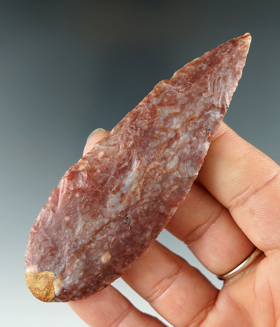 3 3/16" Alibates Flint Harahey Knife with one small spot of restoration, found in Colorado. COA.