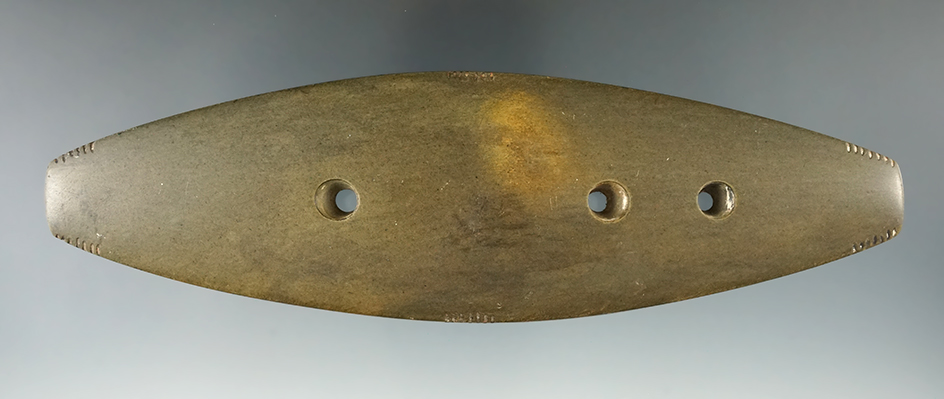Large 7" three hole Slate Gorget with 12 areas of tallies on the edges. Found in Tennessee.