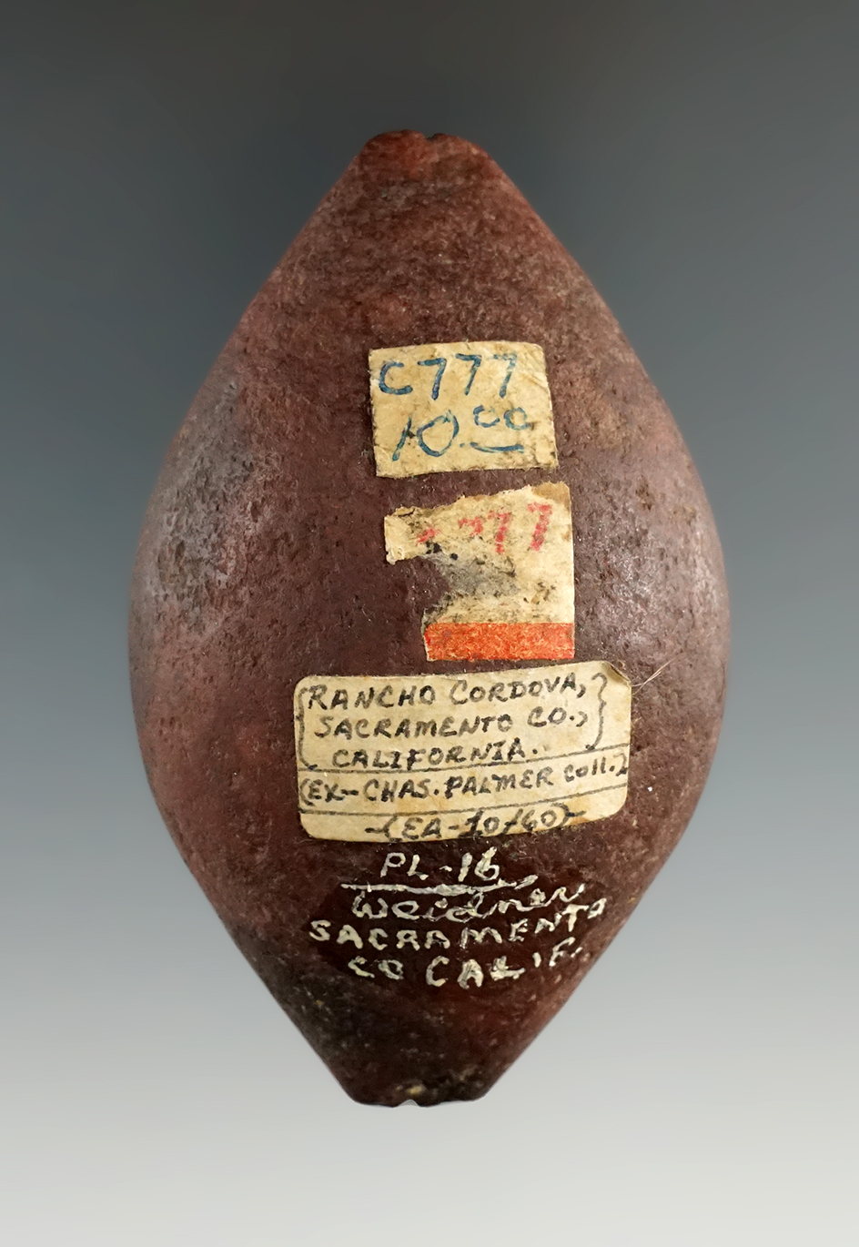 3 1/4" Plummet found near Rancho Cordova, Sacramento Co., California.