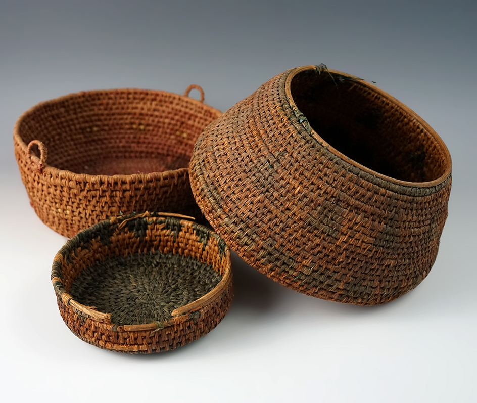 Set of three California baskets, largest is 5 1/4" diameter.