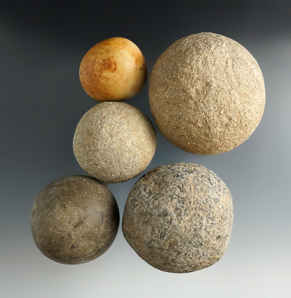 Set of five Hammerstones and/or Gamestones. Largest is  2 3/4" diameter.  Franklin Co., Ohio.