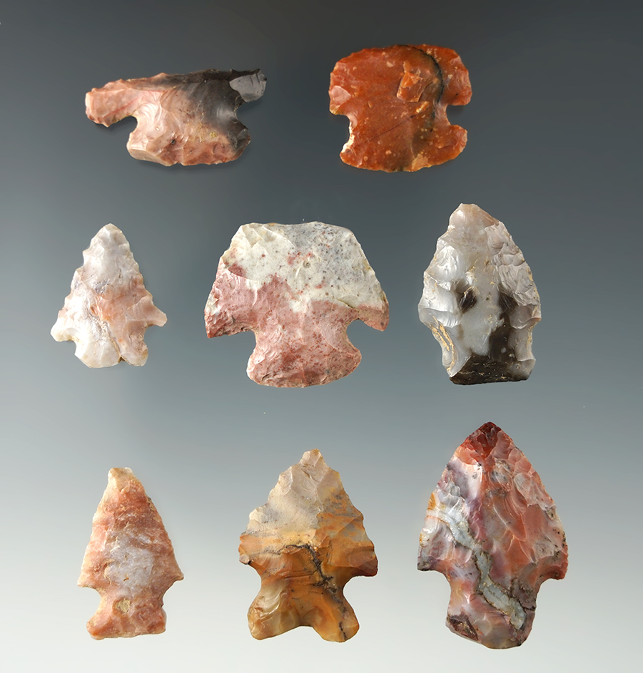 Set of 8 Colorful Flint Ridge Flint Points and Scrapers found in Ohio largest is 1 3/8".  From the Paul Hothem Collection.
