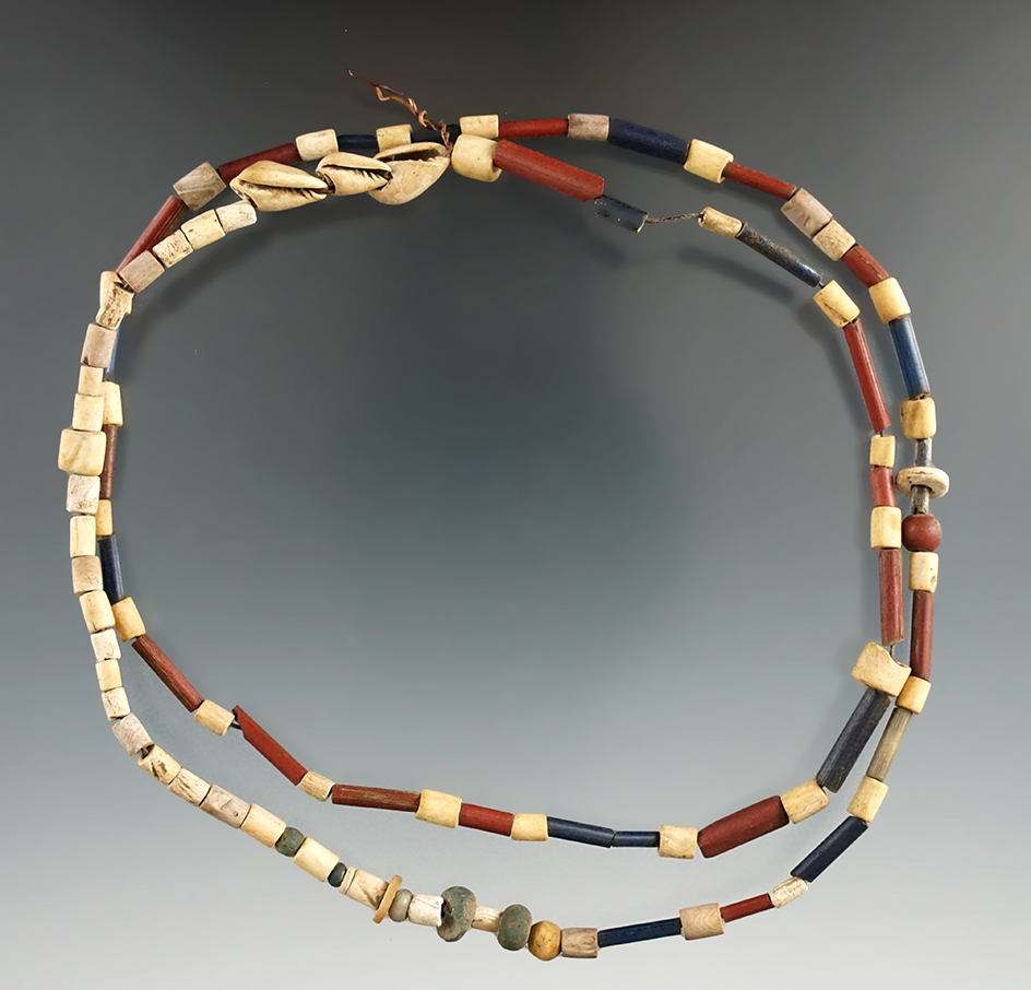 24" Long strand of stone, bone, shell and trade beads found near Lima, Livingston Co., NY