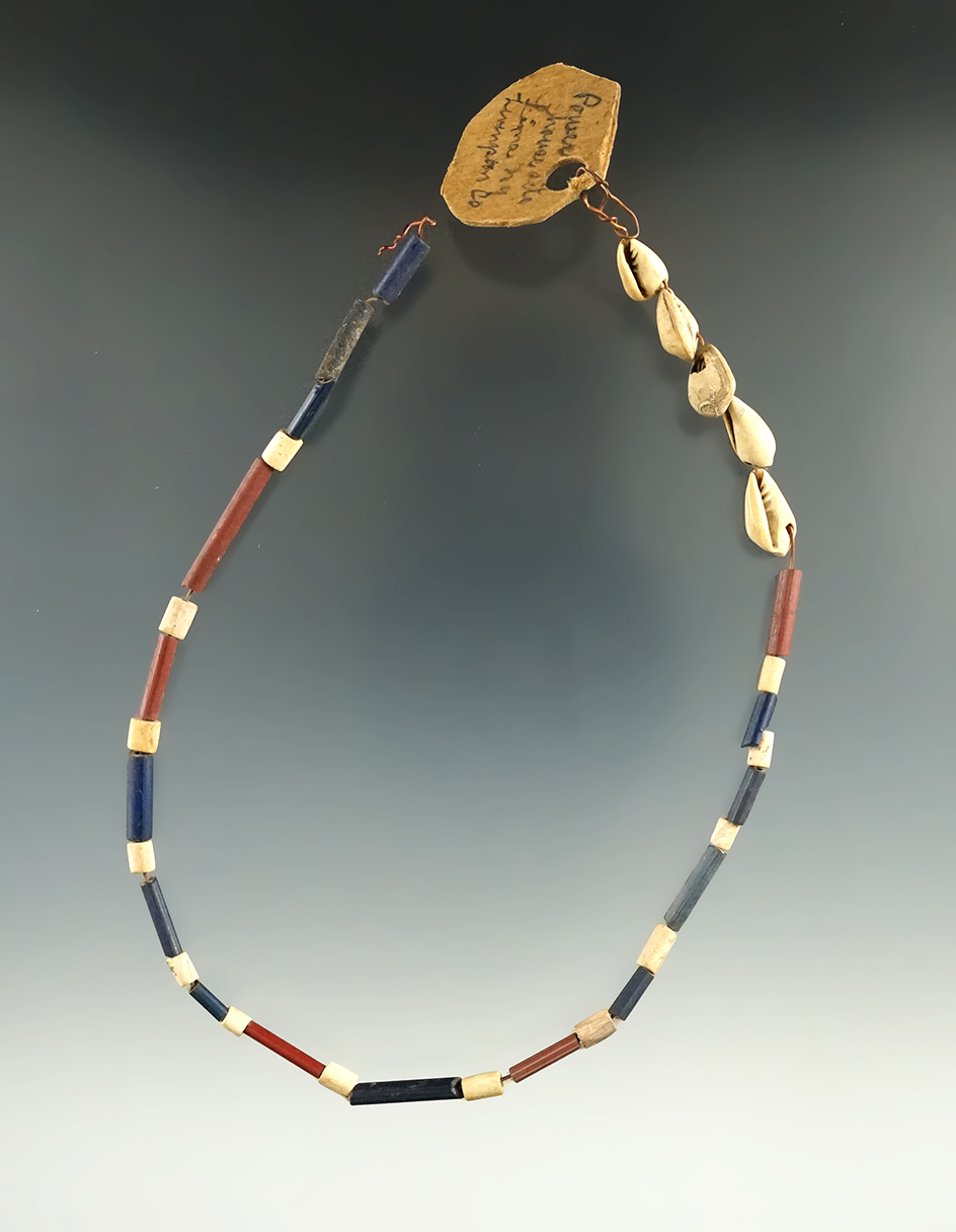 12" Long strand of blue and red tube beads with bone and shell beads found in New York.