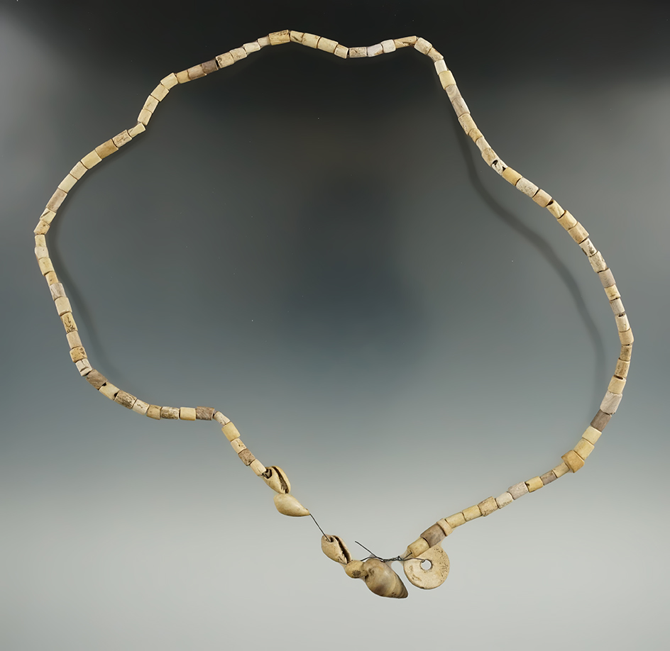 20" Long strand of drilled bone and shell beads found near Lima, Livingston Co., New York.
