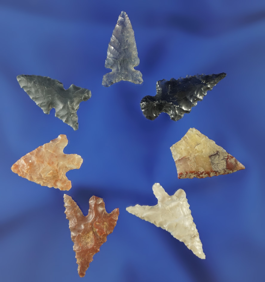 Set of seven nice arrowheads found near campsite on a large island in the Columbia River in the 1940