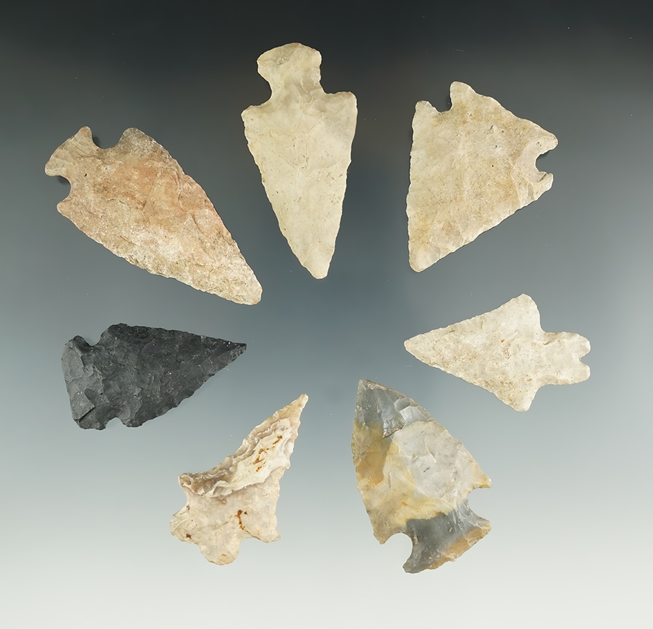 Set of seven assorted points in nice condition found in Hillsdale Co., Michigan.