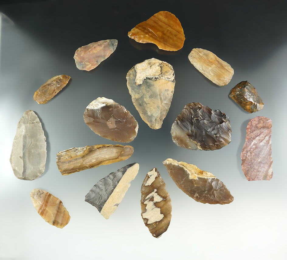 Group of 15 assorted mostly petrified wood knives and tools. Largest is 2 3/4".