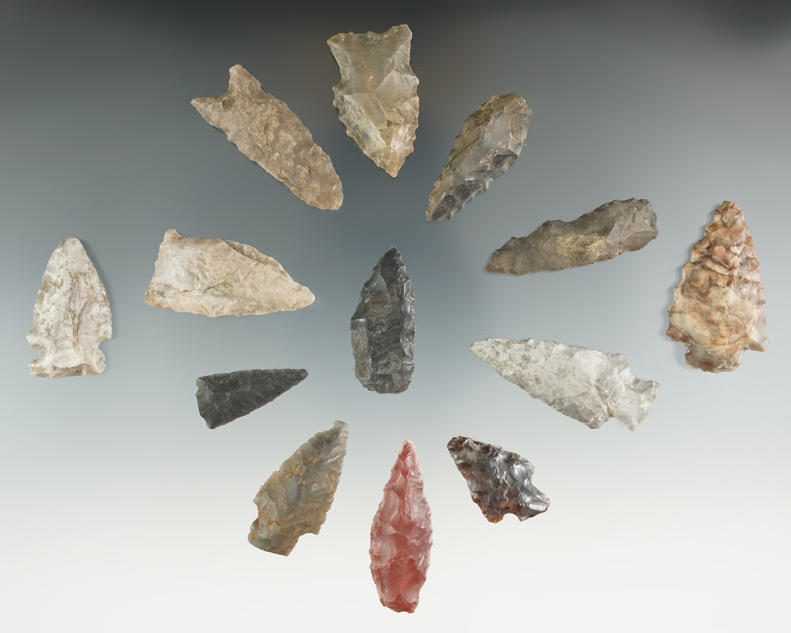 Group of 13 assorted points found in Wyoming from an old family collection. Largest is 1 11/16".