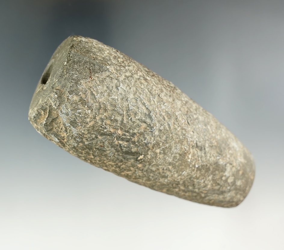 4 3/16" Slate Bannerstone preform with drilling started at one end. Found in Hillsdale Co., Michigan