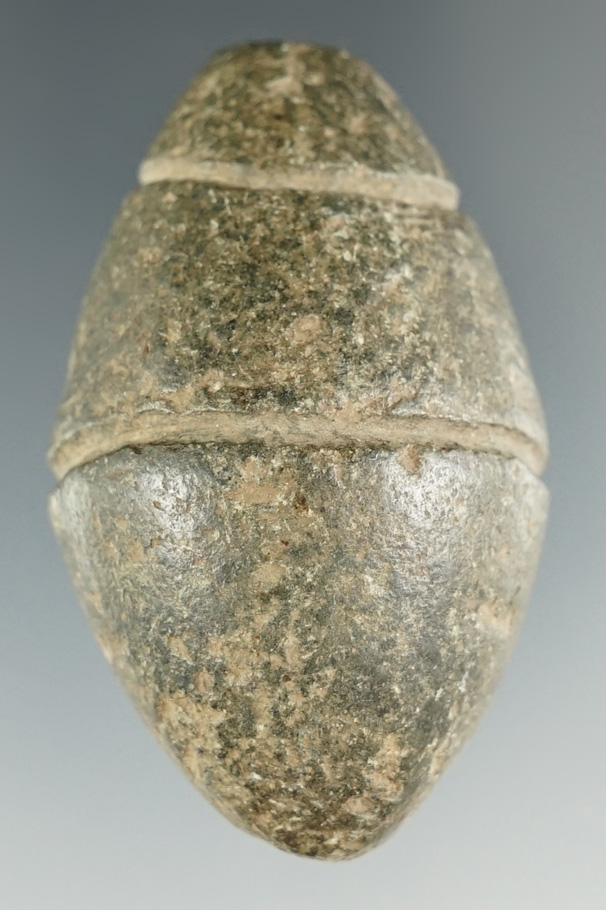 2" Extremely rare Double Grooved Plummet made of green hardstone. Cincinnati, Ohio area.