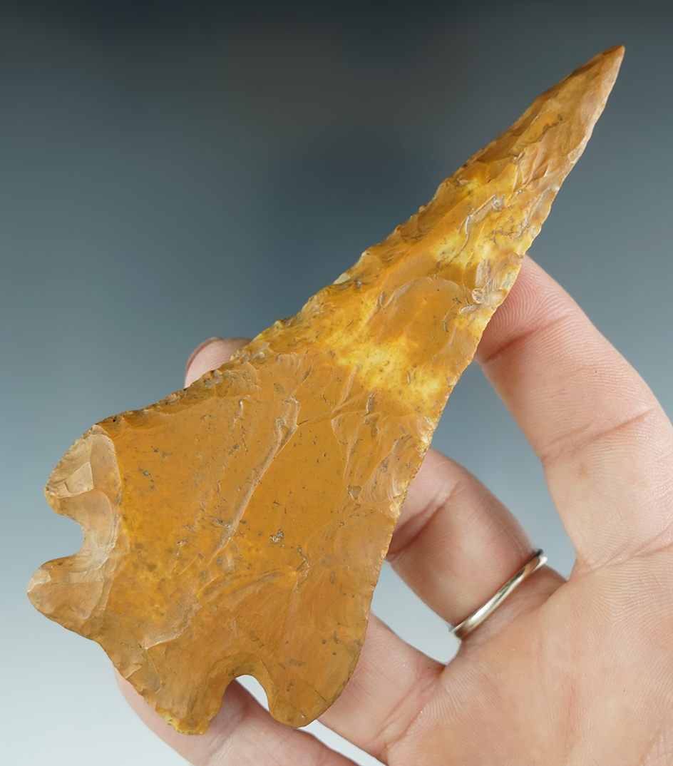 4 1/2" Rice Lobed Beveled Knife found in the Illinois/Missouri area. Restoration to one ear.  COA.