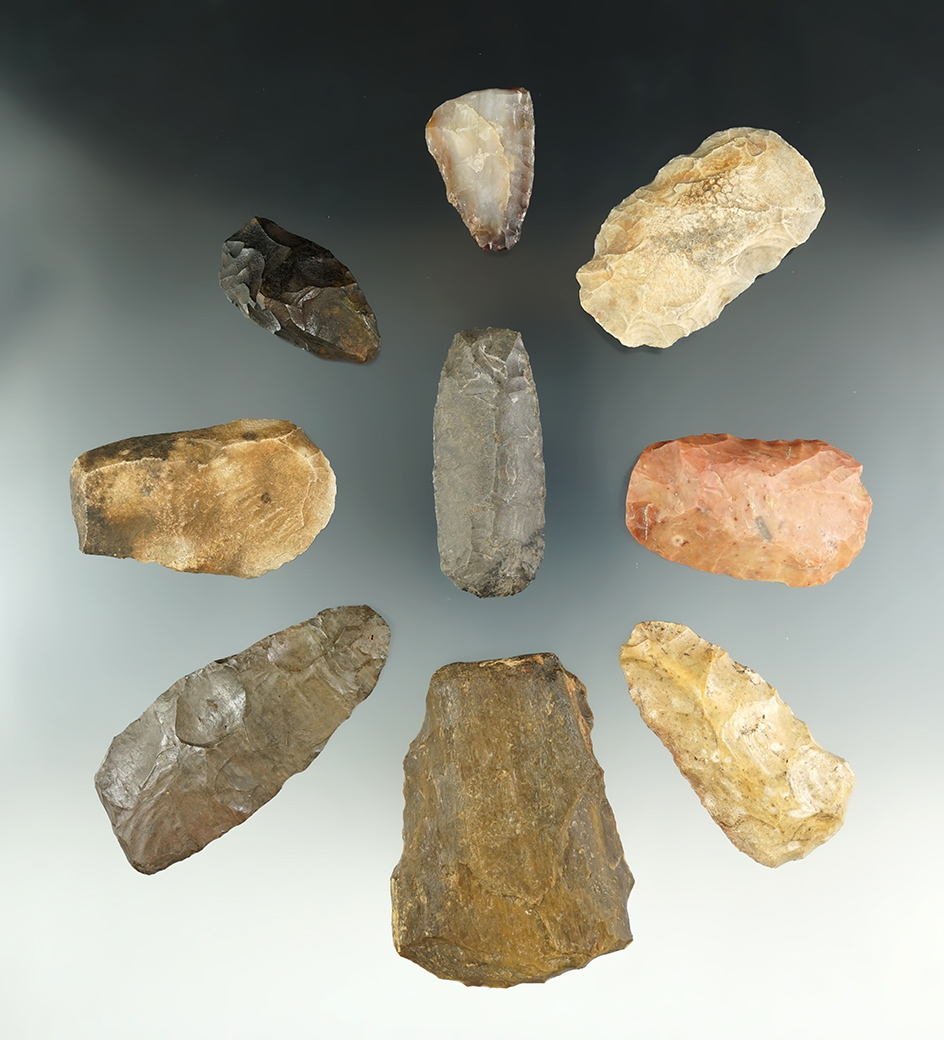 Set of nine assorted Knives, scrapers and tools, largest is 3 1/8".