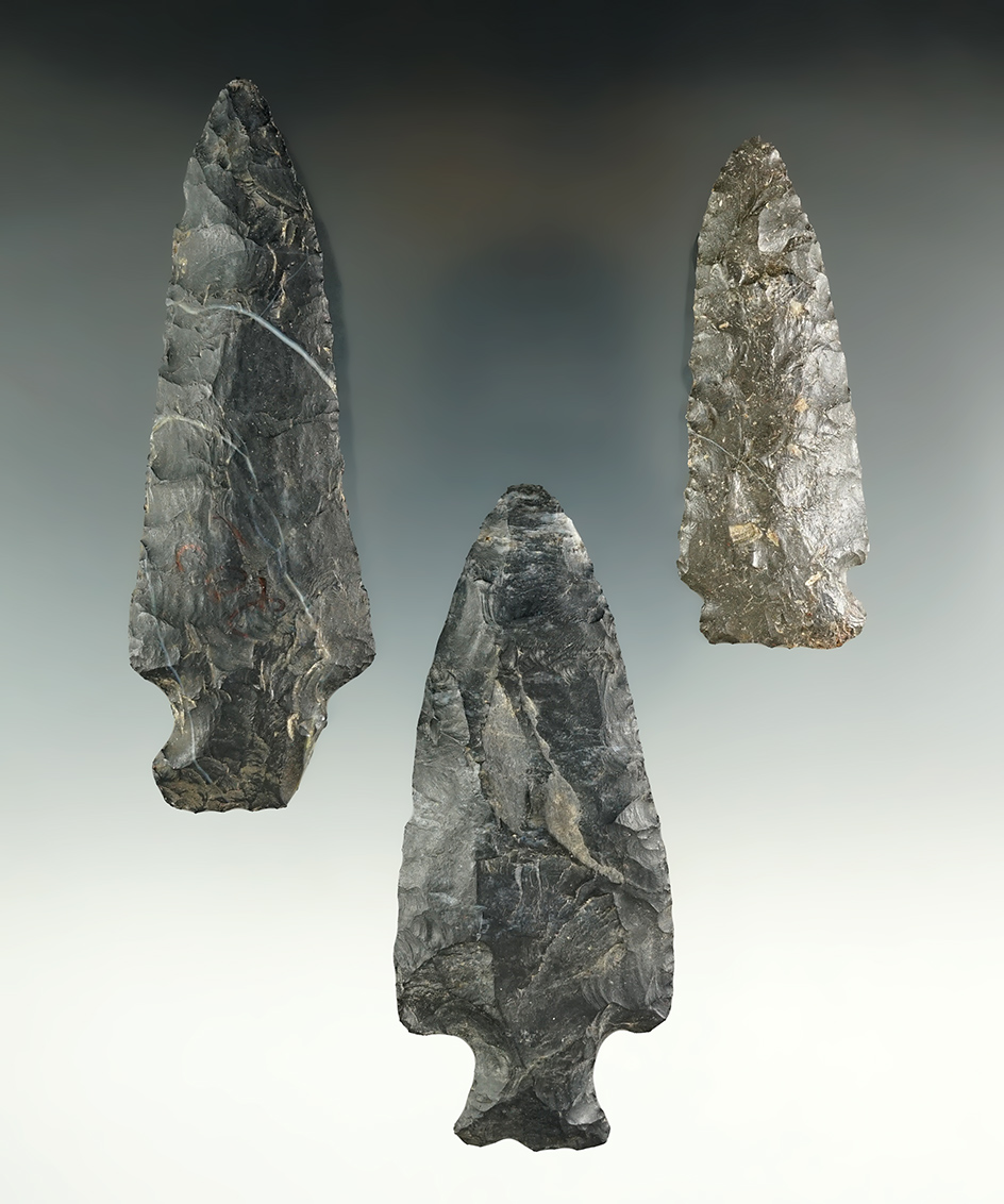 Set of three Coshocton Flint Knives found in Lenawee Co., Michigan. Largest is 4 1/16".