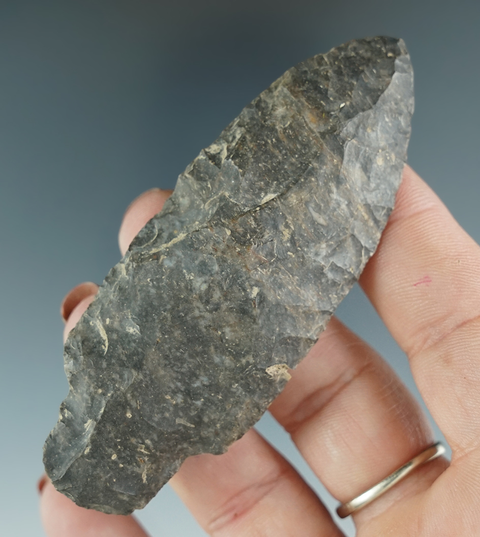 3 5/16" Coshocton Flint Adena found in Lenawee Co., Michigan. Ex. Frank Bradstreet.