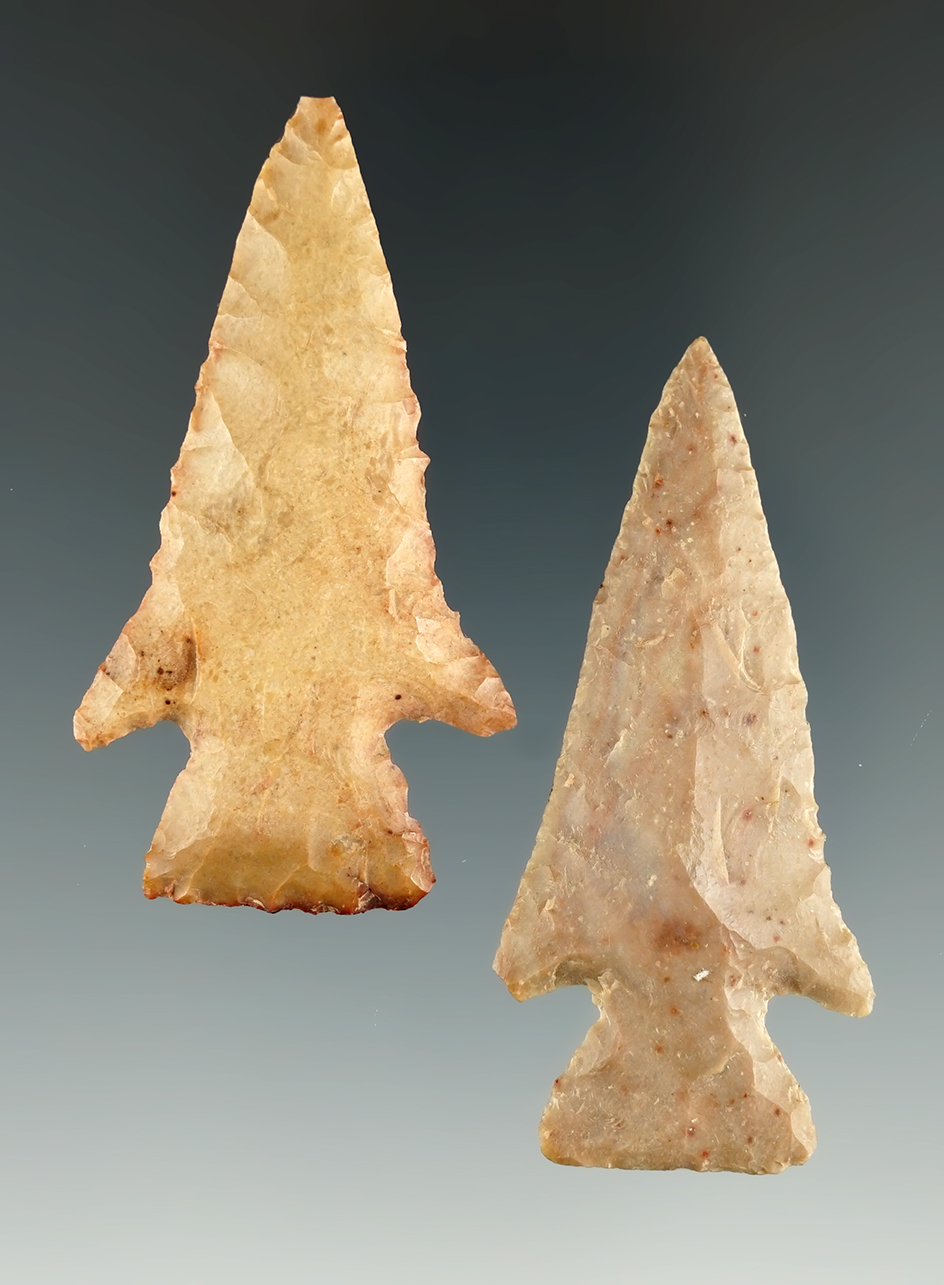 Pair of Archaic Cornernotch points found in Arkansas, both around 2 1/4". Ex. Bob Bell collection.